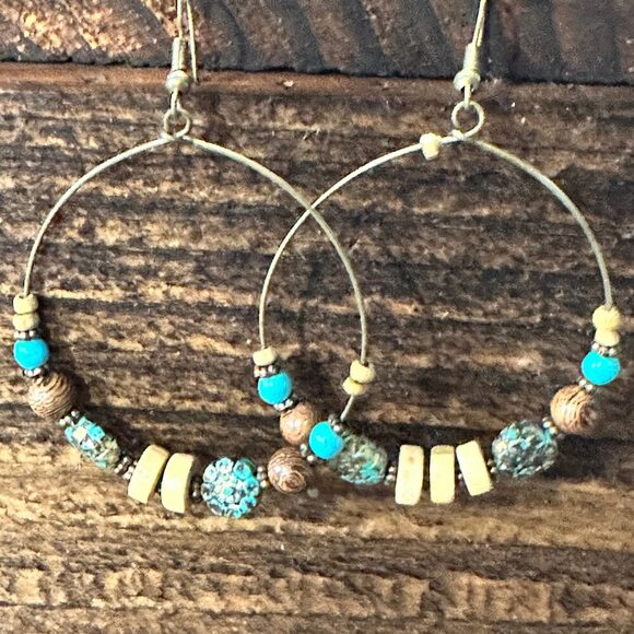 Handmade Western Hippie Copper Wire Colorful Wooden Beads Drop Earrings, Gift B - Picture 1 of 8